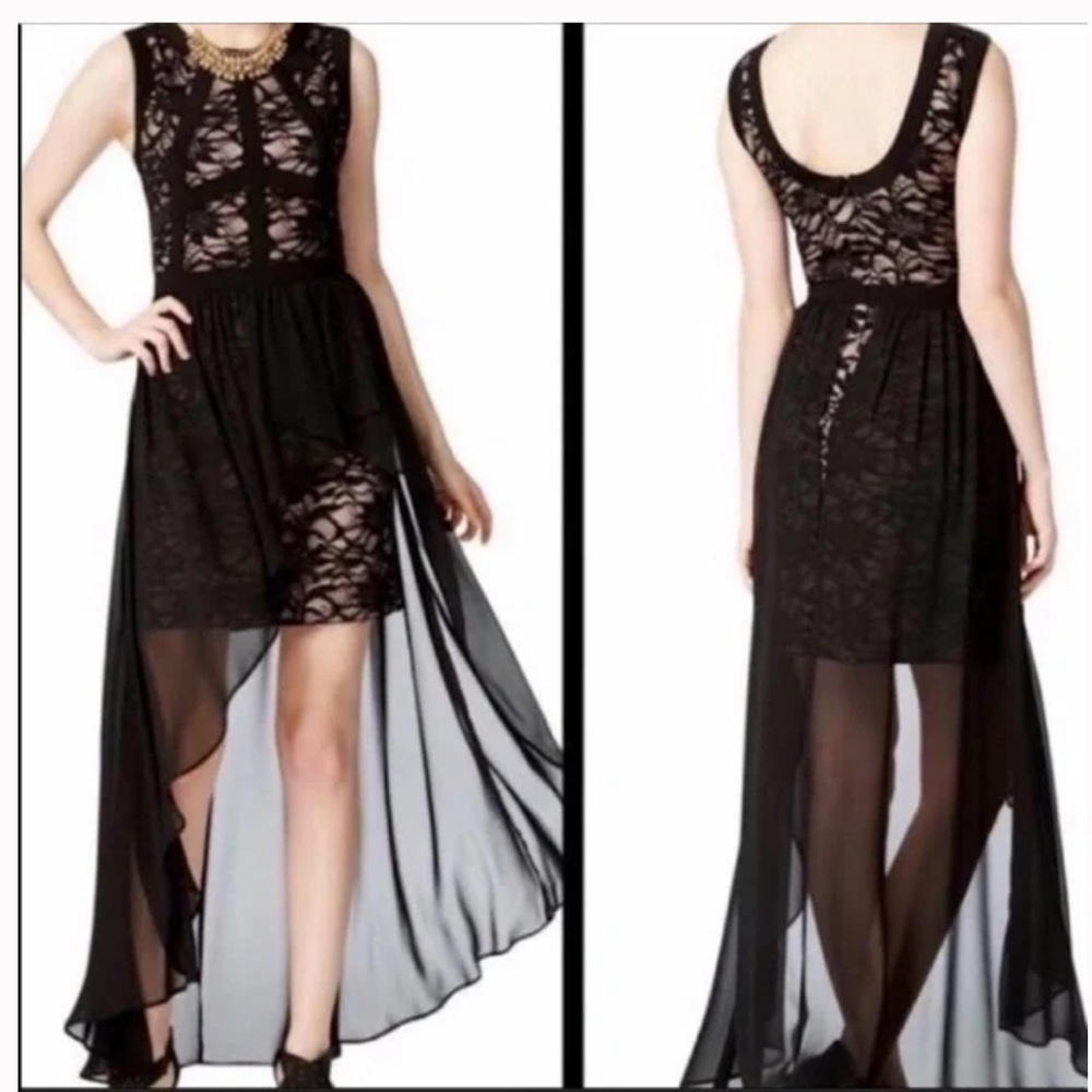 NW Nightway Black Nude Lace Sleeveless Hi Low Dress